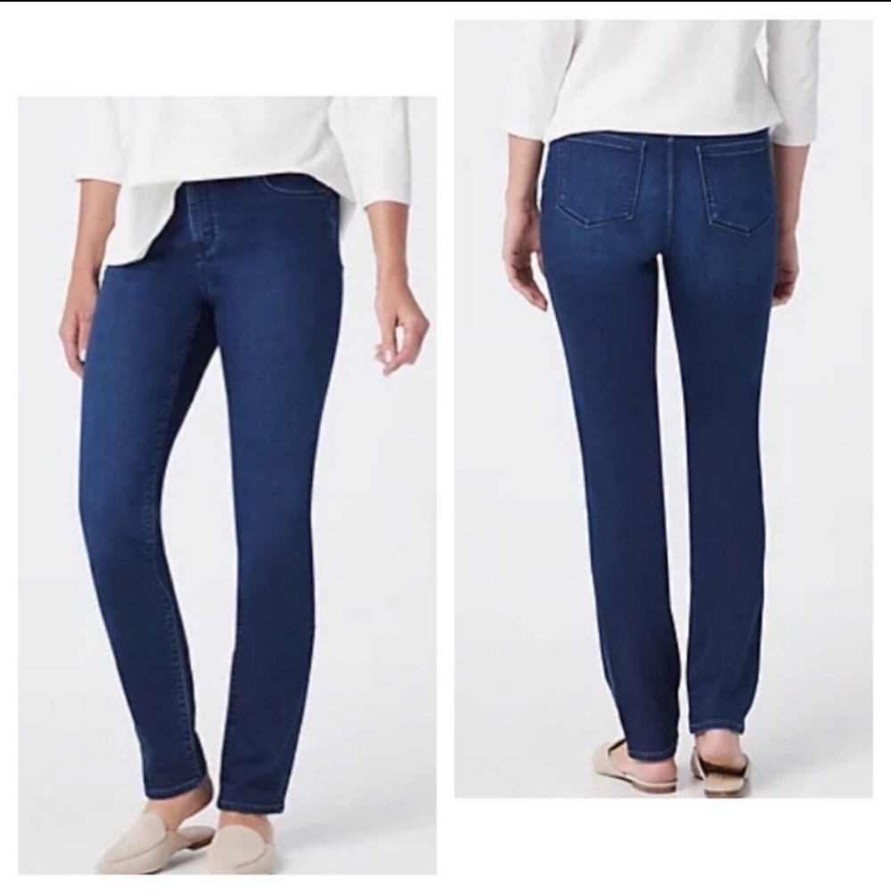 Susan Graver Dark Wash Blue Denim Zip-Front Straight Leg Jeans Women's 2 EUC